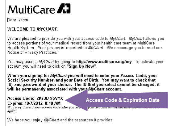 MyChart access code