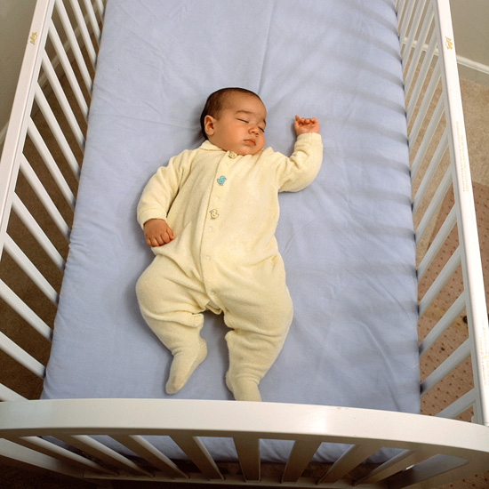 Example of a safe sleep environment with infant on back on firm, flat surface with no crib bumpers, blankets, pillows, or toys