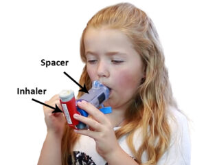 chica usando inhalador con espaciador